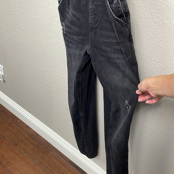 Risen Jeans Black Distressed Overalls Cotton Rigid Denim Sz S - Picture 6 of 14